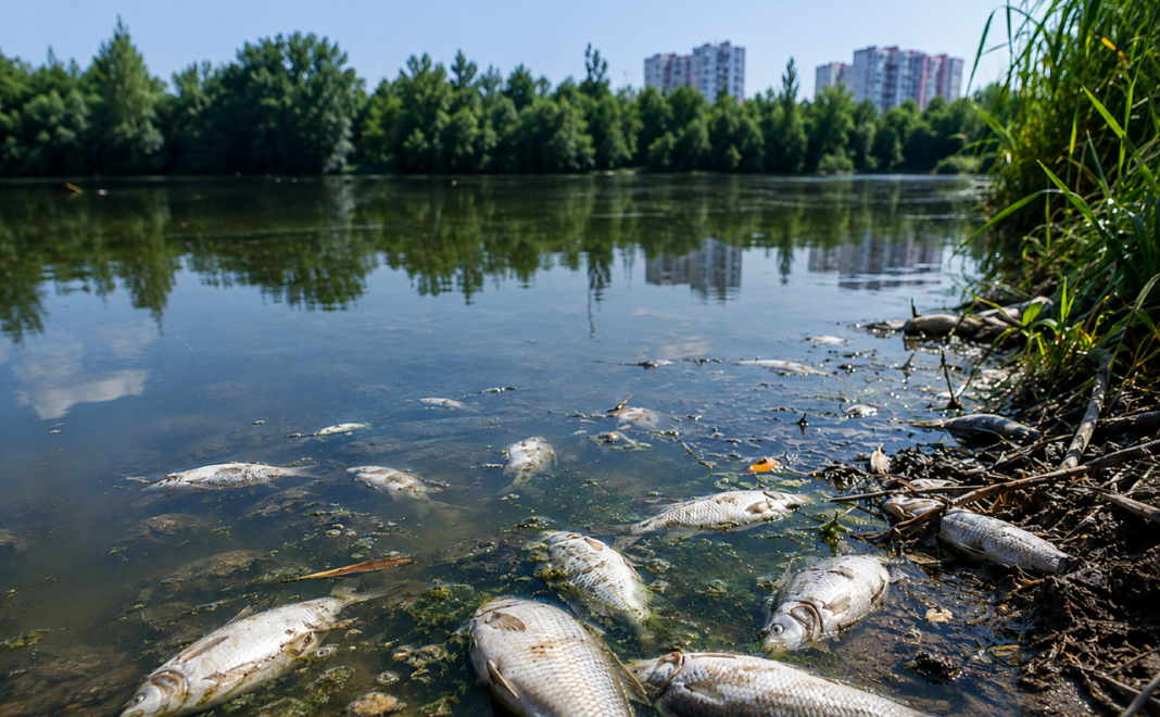 Загибла риба у водоймі біля зарослого берега