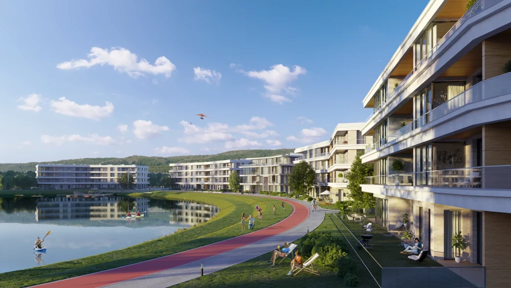 Візуалізація житлового комплексу Park Lake біля озера з прогулянковою набережною.
